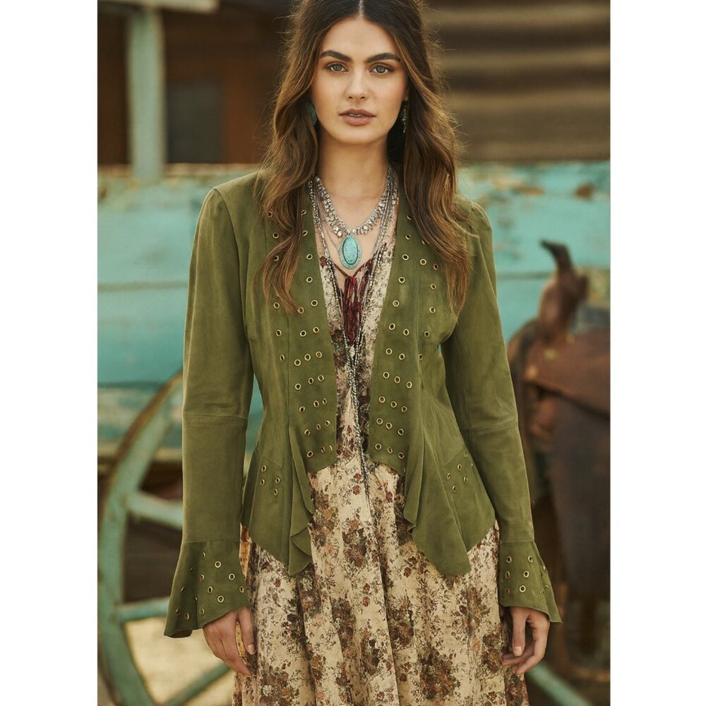 WORTH 100% Leather Suede Jacket Blazer in Olive Green Grommets Ruffles size 12